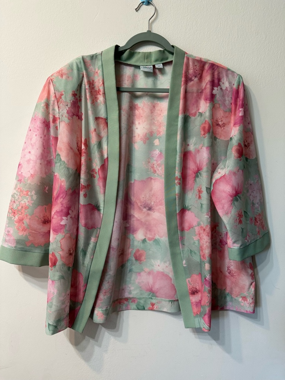 Haband Women's XX Kimono Robe Satin Floral Print Pink Green